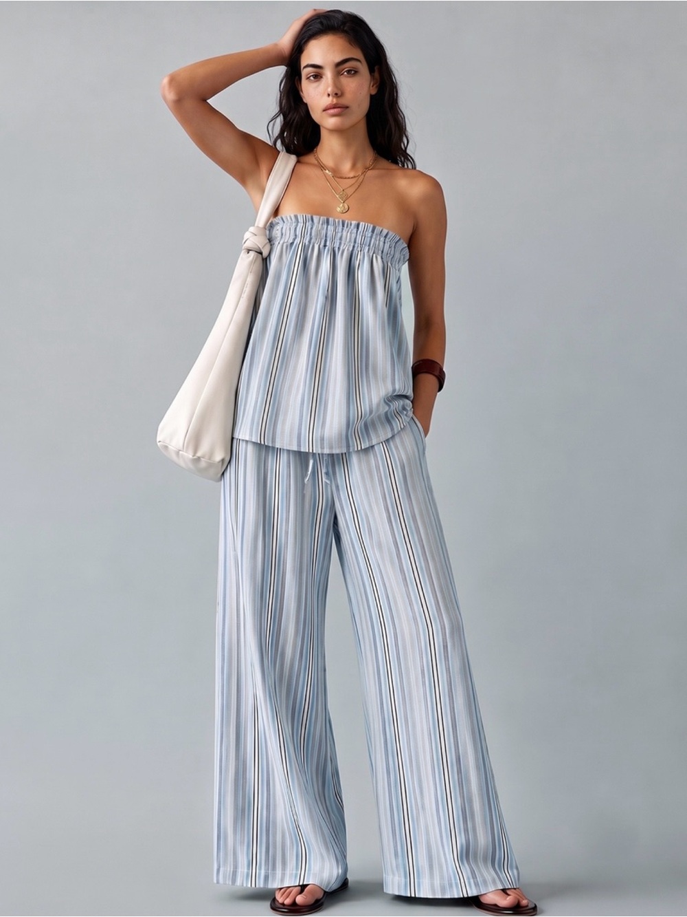 Commense Blue & White Striped Wide-Leg Jumpsuit